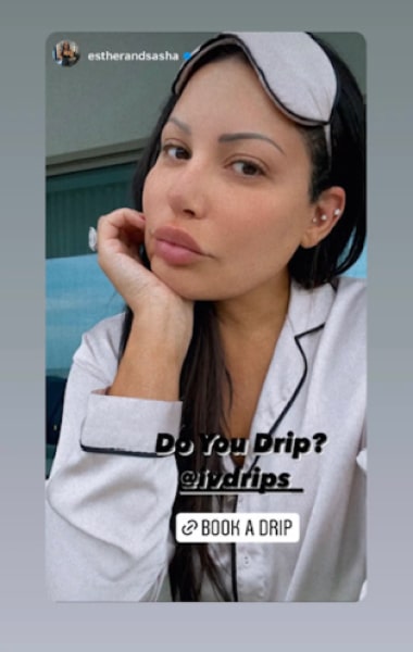 A woman wearing a white cap and shirt poses with her hand on her cheek, featuring text overlays about booking a drip service.