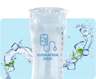 A hydration drip bag surrounded by splashing water and ice cubes, with icons suggesting health benefits.