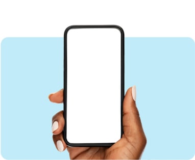 Hand holding a smartphone with a blank screen against a pale blue background.