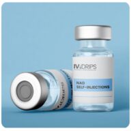 Two vials labeled "NYC Mobile NAD+ Infusions" are displayed against a blue background; one stands upright while the other lies on its side.