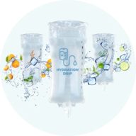 Illustration of hydration drip bags surrounded by splashes of water, fruits like oranges and limes, and energy symbols.
