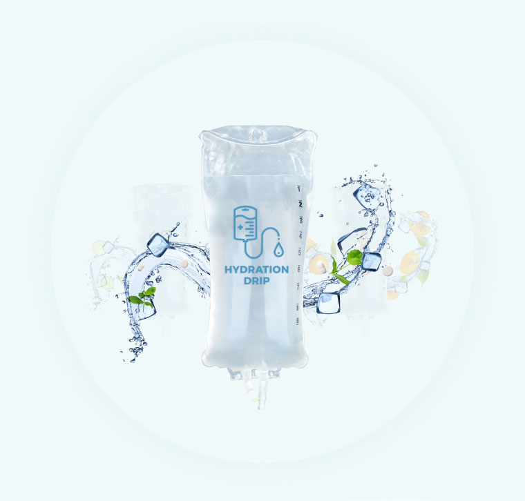Iv hydration drip bag surrounded by illustrated water splashes and fresh slices of lemon and mint leaves, all against a light blue background.