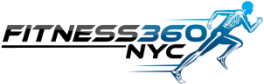 Logo of fitness360 nyc featuring a stylized silhouette of a runner and the text in blue and black.