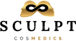 Logo of sculpt cosmedics featuring an infinity symbol in beige above the word "sculpt" in capitalized dark green letters.
