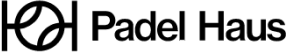Logo of padel haus featuring stylized text and a circular emblem with abstract design elements.