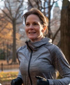 A middle-aged woman jogging in a park during autumn, wearing a gray sports jacket and black gloves, smiling.