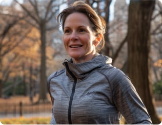 A woman in a gray athletic jacket jogging in a park during autumn.