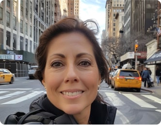 A woman smiling at the camera on a bustling city street with taxis and tall buildings in the background.