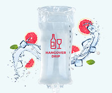 Image of an IV bag labeled "Hangover Drip" with a graphic of a bottle and glass. Water splashes, ice cubes, and grapefruit slices appear in the background.