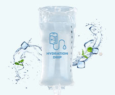 An IV bag labeled "Hydration Drip" with images of ice cubes, water splashes, and green leaves in the background.