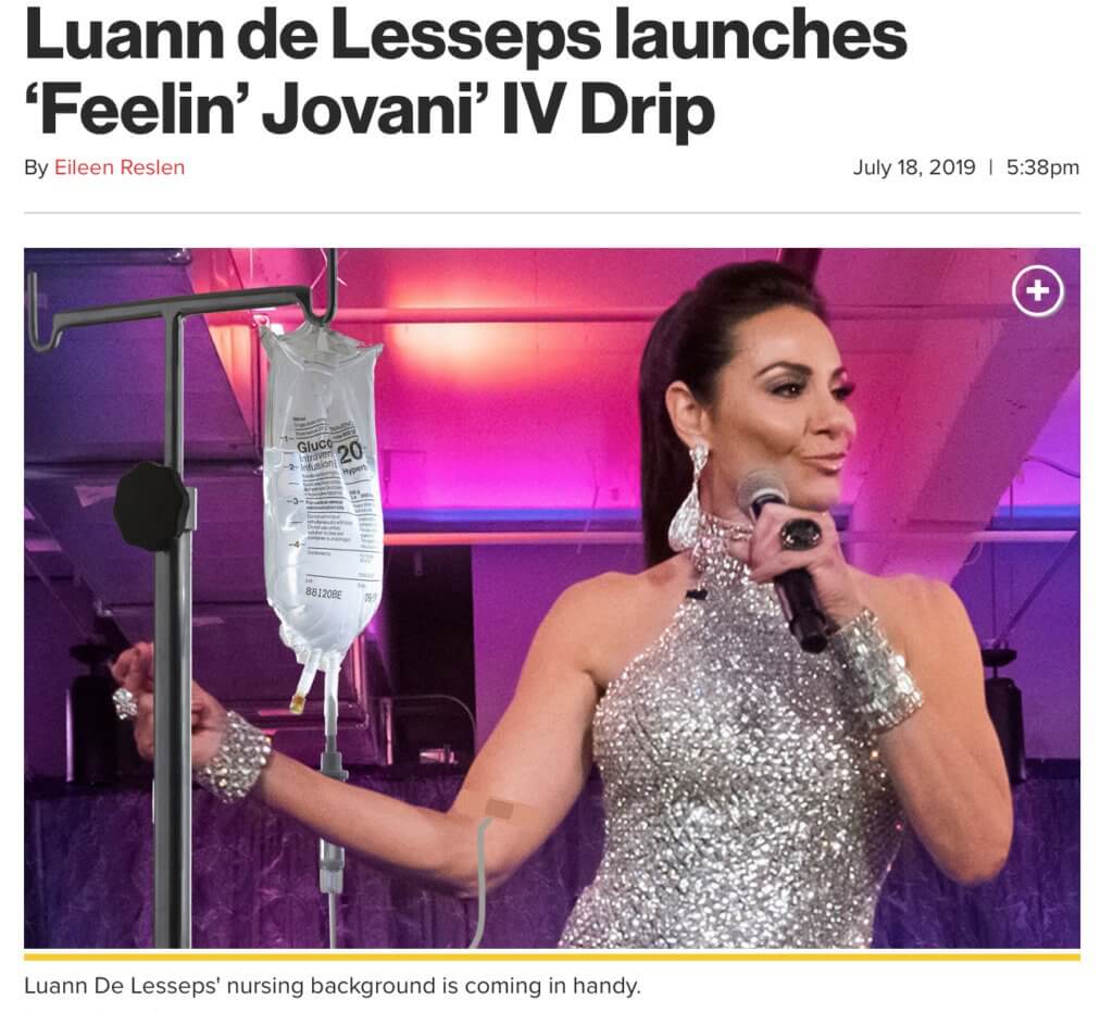 Screenshot of the article titled: Luann de Lesseps launches ‘Feelin’ Jovani’ IV Drip