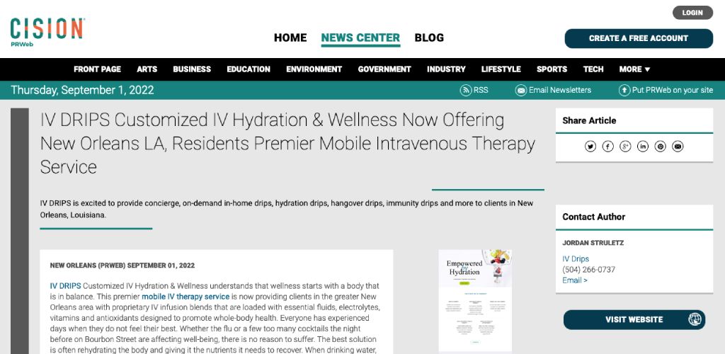Screenshot of the article titled: IV DRIPS Customized IV Hydration & Wellness Now Offering New Orleans LA, Residents Premier Mobile Intravenous Therapy Service