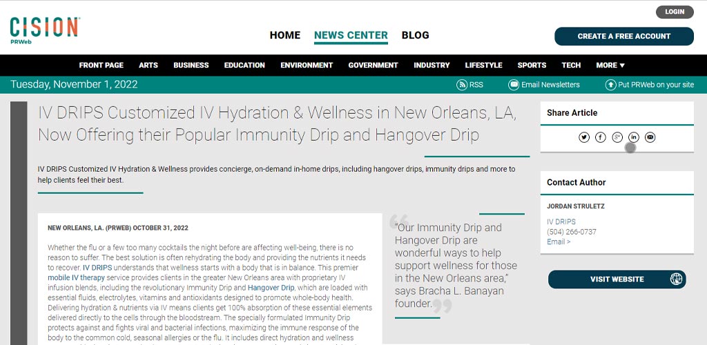 Screenshot of the article titled: IV DRIPS Customized IV Hydration & Wellness in New Orleans, LA, Now Offering their Popular Immunity Drip and Hangover Drip