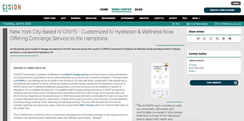 Screenshot of the article titled: New York City Based IV DRIPS - Customized IV Hydration & Wellness Now Offering Concierge Service to the Hamptons