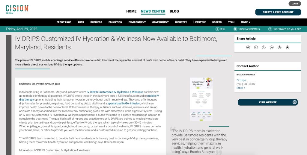 Screenshot of the article titled: IV DRIPS Customized IV Hydration & Wellness Now Available to Baltimore, Maryland, Residents