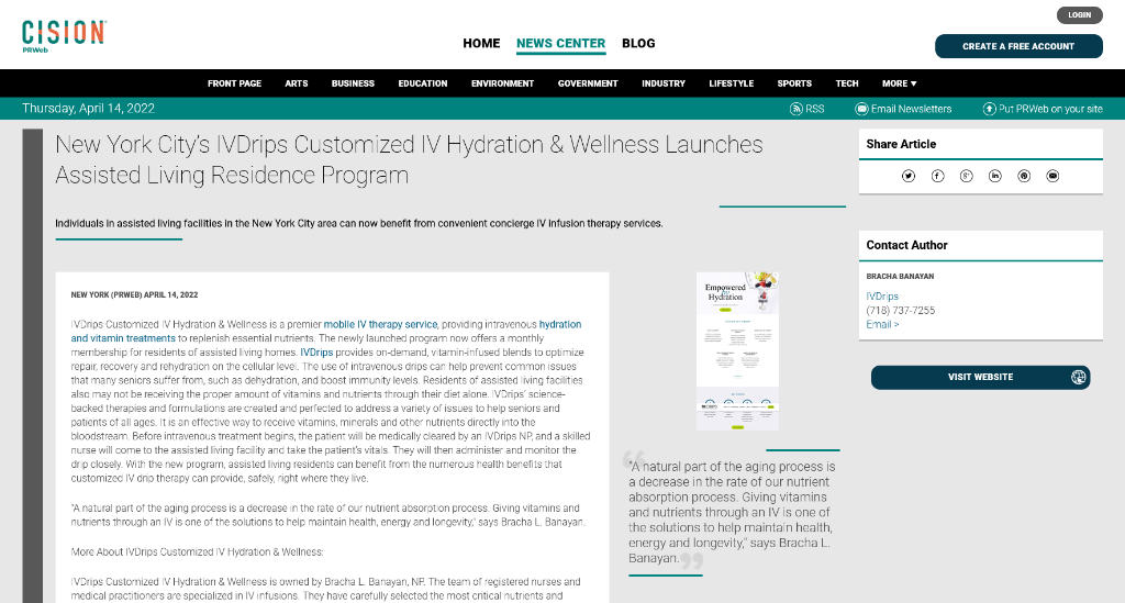 Screenshot of the article titled: New York City's IVDrips Customized IV Hydration & Wellness Launches Assisted Living Residence Program