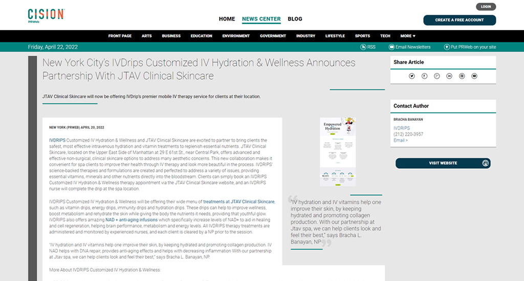 Screenshot of the article titled: New York City's IVDrips Customized IV Hydration & Wellness Announces Partnership With JTAV Clinical Skincare