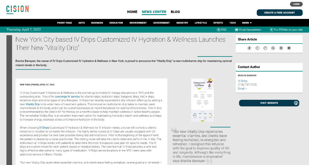Screenshot of the article titled: New York City based IV Drips Customized IV Hydration & Wellness Launches Their New "Vitality Drip"