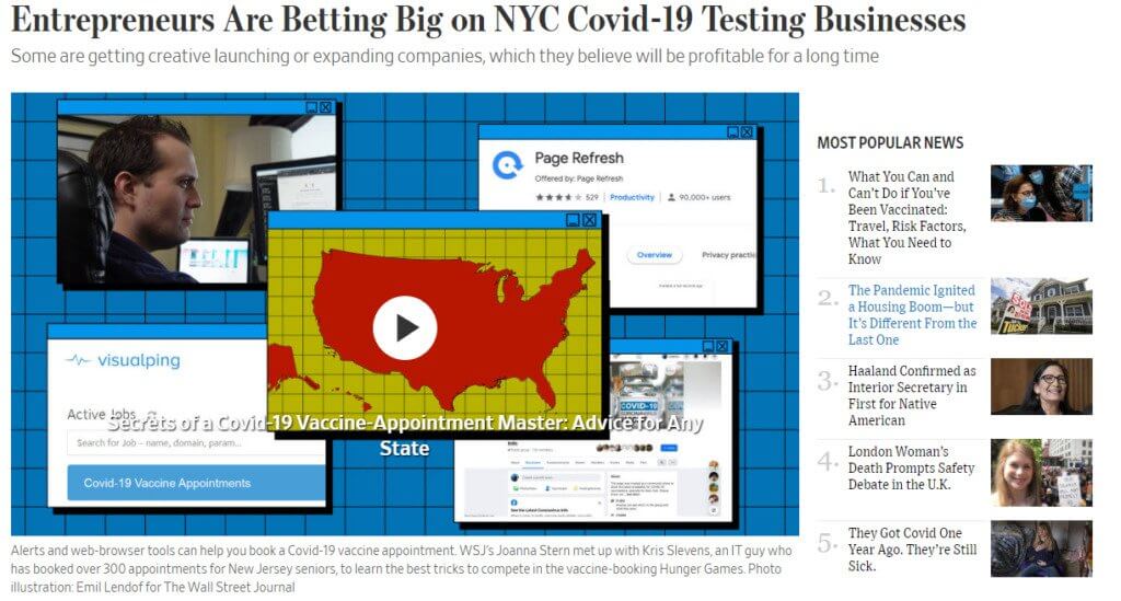 Screenshot of the article titled: Entrepreneurs Are Betting Big on NYC Covid-19 Testing Businesses