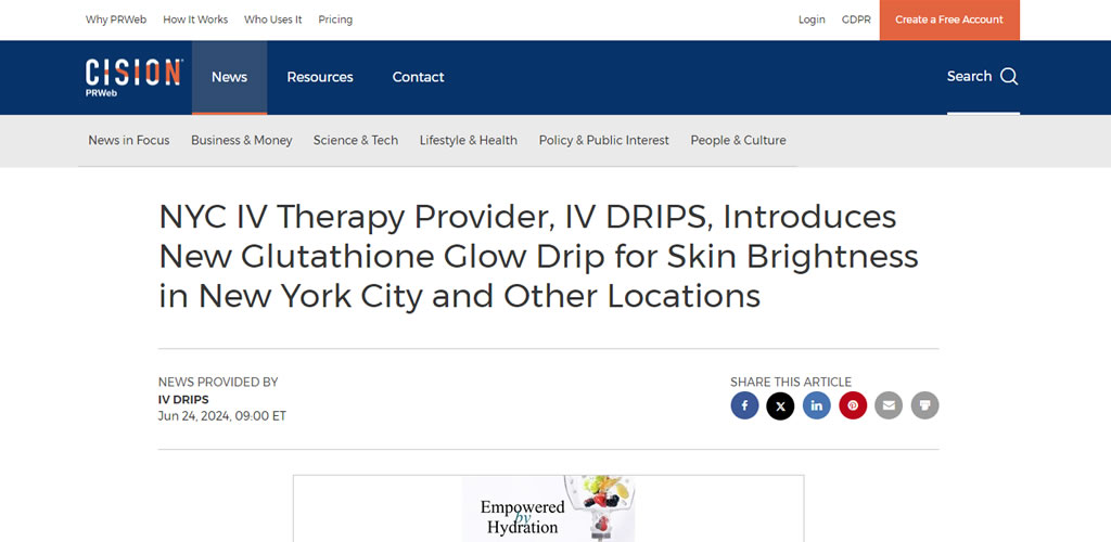 Screenshot of the article titled: NYC IV Therapy Provider, IV DRIPS, Introduces New Glutathione Glow Drip for Skin Brightness in New York City and Other Locations