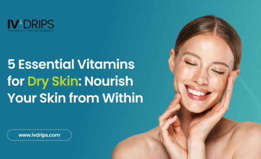 A smiling woman touches her face next to text promoting essential vitamins for dry skin and the IV Drips website on a blue background.