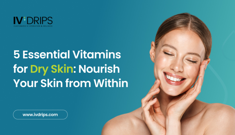 A smiling woman touches her face next to text promoting essential vitamins for dry skin and the IV Drips website on a blue background.