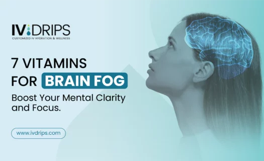 Profile of a woman with a digital brain illustration, promoting IV Drips and 7 vitamins for brain fog, with text about boosting mental clarity and focus.