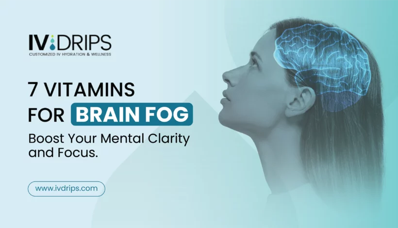 Profile of a woman with a digital brain illustration, promoting IV Drips and 7 vitamins for brain fog, with text about boosting mental clarity and focus.
