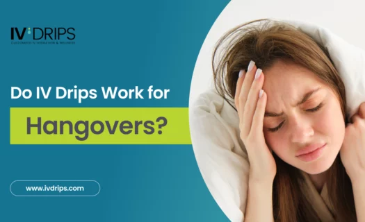 A woman holds her head in discomfort while lying in bed next to text that asks, "Do IV Drips Work for Hangovers?" and displays the IV Drips company logo and website.