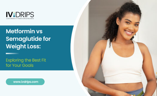 Woman in athletic wear smiles while holding her waist; text discusses Metformin vs Semaglutide for weight loss and finding the best fit for health goals.