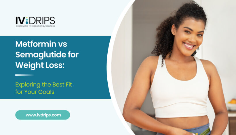 Woman in athletic wear smiles while holding her waist; text discusses Metformin vs Semaglutide for weight loss and finding the best fit for health goals.