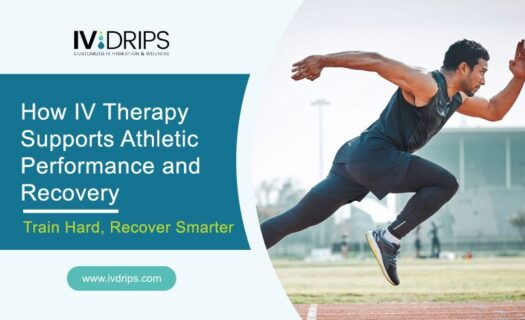 A male athlete sprints on a track; text on the image promotes IV therapy for athletic performance and recovery, with the website www.ivdrips.com displayed.