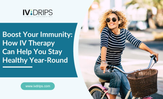 Woman in sunglasses and striped shirt rides a bicycle outdoors; text promotes IV therapy for boosting immunity year-round. IV Drips logo and website are visible.