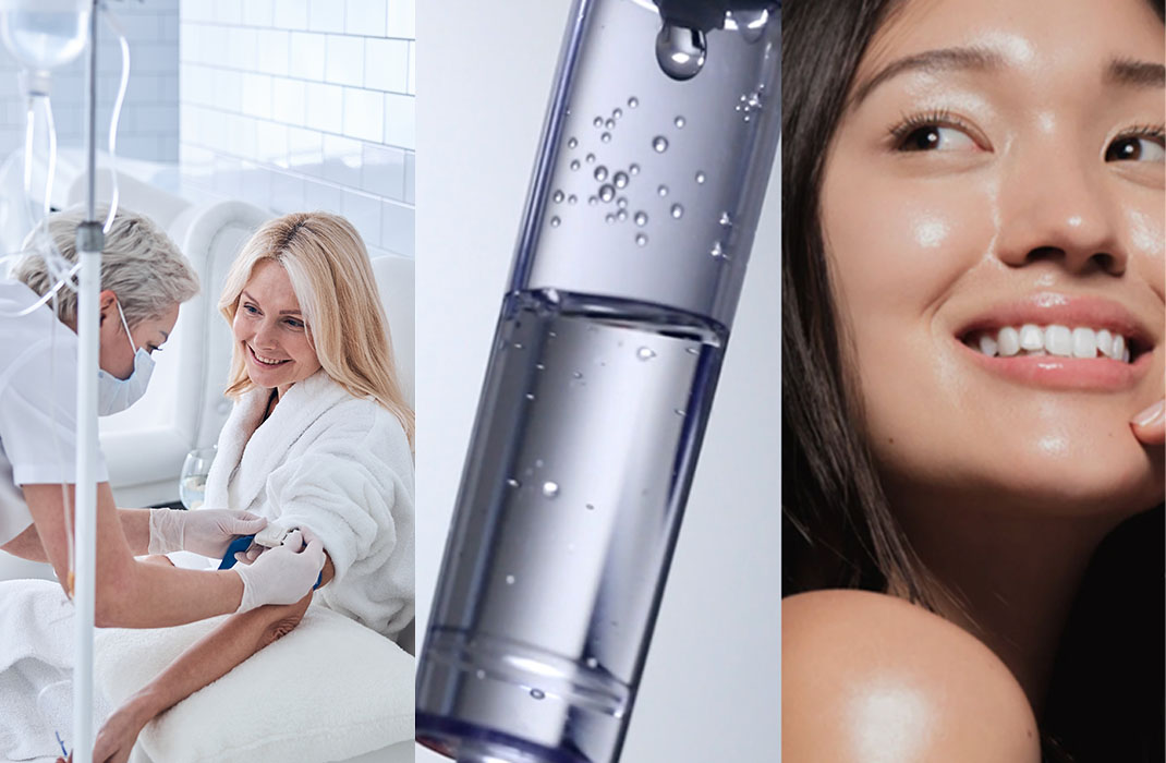 A nurse prepares an IV for a woman, a close-up of a liquid-filled vial, and a smiling woman with glowing skin are shown in three separate panels.