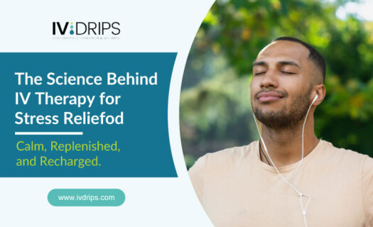 A person with closed eyes listens to music with earbuds, beside text promoting IV therapy for stress relief by IV DRIPS.