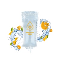 A water filter cartridge with an orange water droplet symbol is shown, surrounded by splashes of water and slices of orange and lemon.