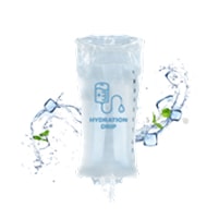 A hydration drip IV bag with ice cubes and water splashes in the background.
